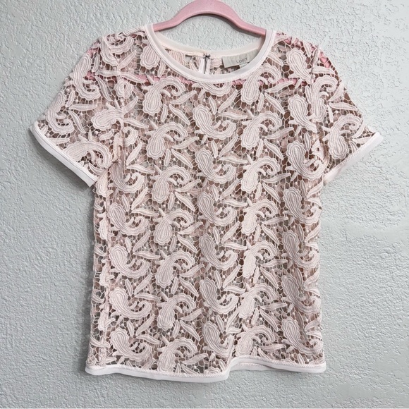 LOFT Paisley Open Knit Lace Top Shirt Cover Up Soft Pink - Size XS - Picture 1 of 7